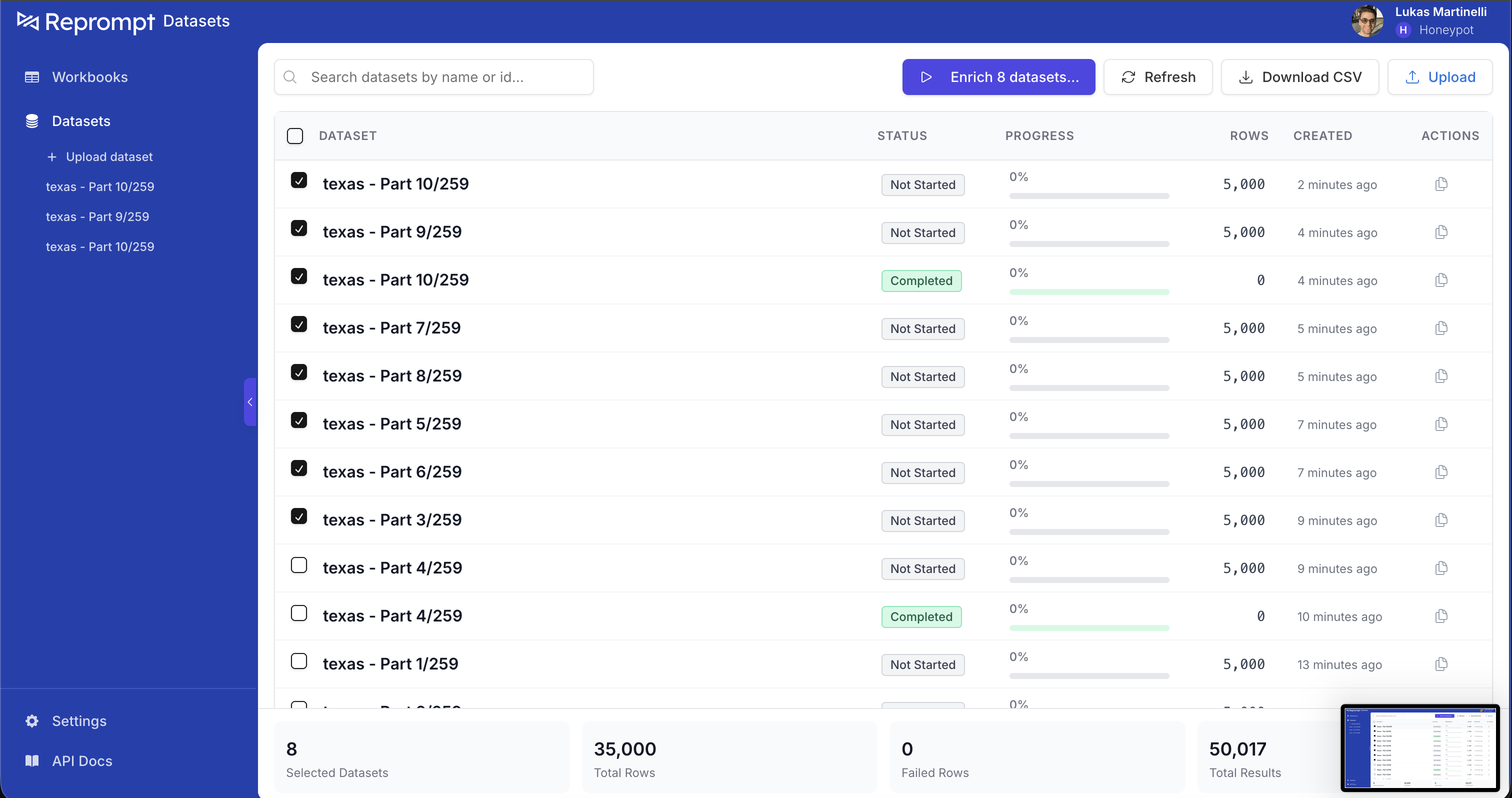 Batches list with batches selected showing Enrich button