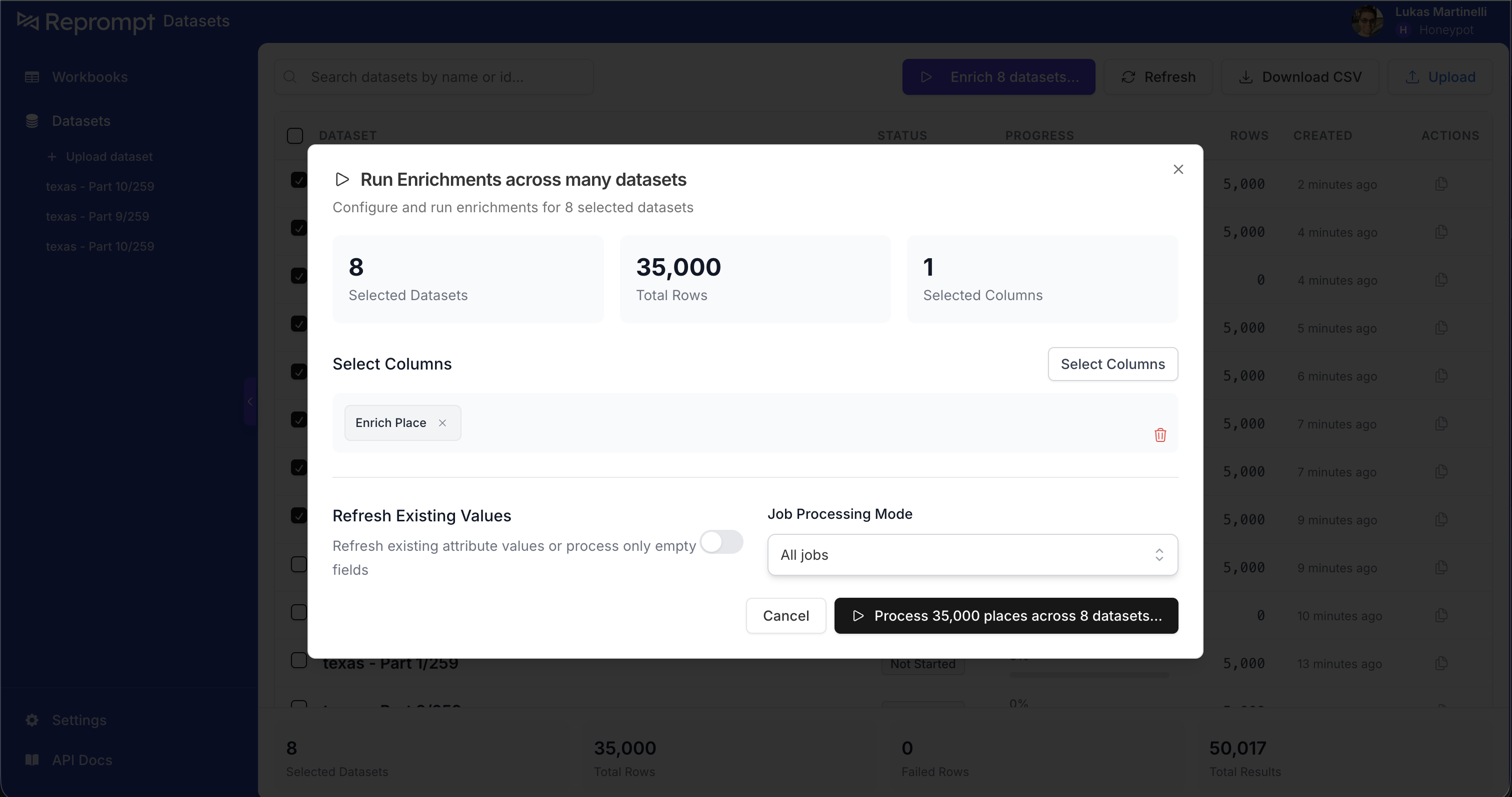 Run Enrichments dialog with Enrich Place selected